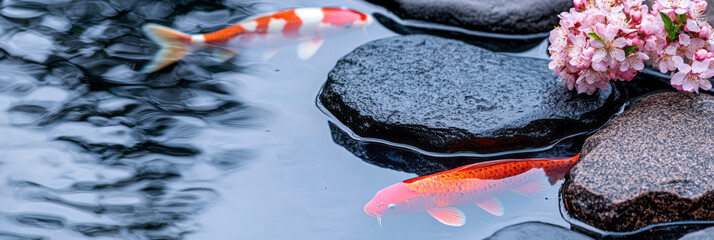 Poster - Serene Japanese garden in early spring bloom, capturing soft pastel hues and a tranquil koi pond,