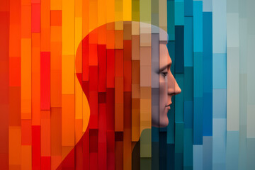 Aufkleber - Ethereal figure rendered in bold geometric blocks, illuminated by rainbow hues that distort reality,