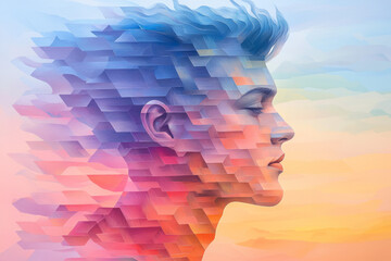 Poster - Ethereal figure rendered in bold geometric blocks, illuminated by rainbow hues that distort reality,