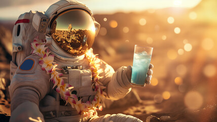 Aufkleber - This astronaut holds a vibrant drink adorned with a flower lei against a stunning cosmic backdrop.