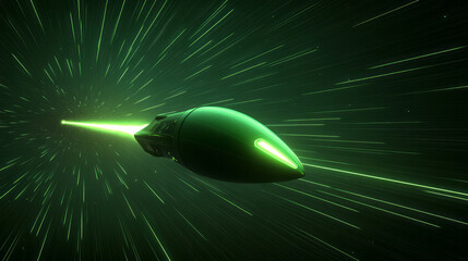 Poster - A high-definition shot of a sleek, teardrop-shaped rocket painted in vivid shades of green,