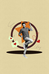 Poster - Exclusive image vertical photo collage of happy guy dance heart icon blogging reaction popular feedback social media like
