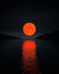 Aufkleber - A radiant tangerine moon casting gentle reflections on a dark, ribbed surface that accentuates its