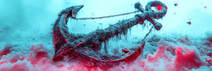 Poster - A modern concept design where a heavily warped anchor is partially submerged in thick, cotton-like