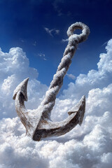 Poster - A whimsical scene of a twisted anchor anchored to nothing but fuzzy, cloudlike textures, suggesting