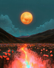 Fototapete - A high-contrast illustration of a gleaming metallic coin shimmering above an illuminated meadow,