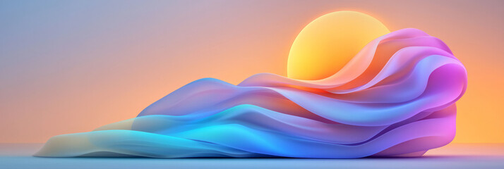 Poster - A calm yet otherworldly scene of gossamer-thin holographic drapery framed by a luminous circular