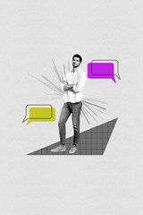 Poster - Art image vertical photo collage of happy handsome man stand colorful bubble communication chatterbox icon discussion speech