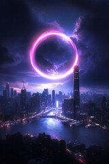 Aufkleber - A futuristic cityscape at midnight illuminated by a massive velvet-textured moon, releasing radiant