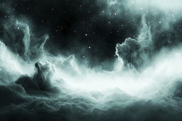 Poster - A serene cosmic horizon filled with fluffy, cloud-like formations gently shimmering with stardust