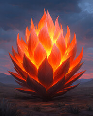 Poster - A surreal depiction of a colossal cactus ablaze with intense orange and red hues, its fiery spines