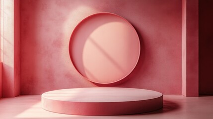 Poster - Cozy pink room featuring a stylish round mirror reflecting light and enhancing the atmosphere