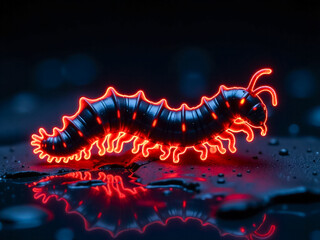 Wall Mural - neon a glowing red and black bug is lit up in a dark room. the bug is surrounded by a dark backgroun