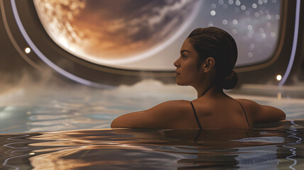 Aufkleber - This passenger enjoys a serene soak in a space hotel pool while gazing at distant planets.