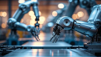 Poster - advanced robotic arms working efficiently in a modern manufacturing facility during the day