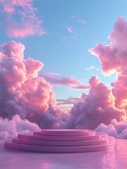 Wall Mural - Ethereal pink platform with pastel clouds and blue sky backdrop for product display and dreamy presentation serene scene