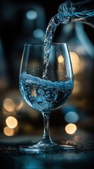 Poster - Refreshing water being poured into a clear glass with bokeh background creating a refreshing and clean visual mood perfect for health and wellness concepts