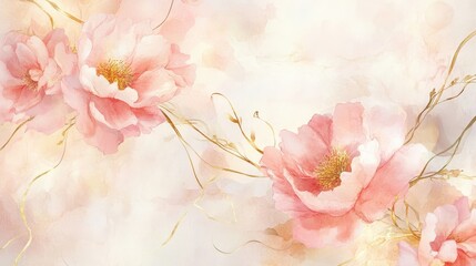 Canvas Print - Dreamy watercolor of peonies and golden vines with glowing light adding an ethereal quality