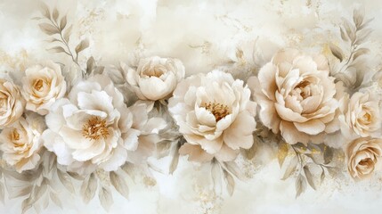 Wall Mural - Blush peonies and cream roses in watercolor with golden sparkles for a whimsical touch