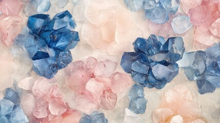 Wall Mural - Hand-painted gemstone flowers with sapphire and rose quartz petals against soft pastels