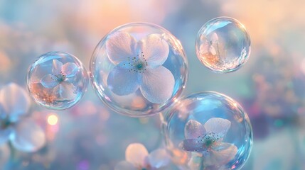 Wall Mural - frozen flowers suspended in ice bubbles surrounded by pastel clouds and refracted light prisms