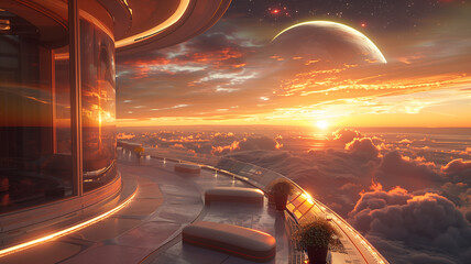Poster - This Passengers relax on a balcony overlooking colorful clouds and distant planets at sunset.