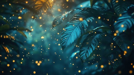Canvas Print - Deep jungle with glowing blue and emerald leaves radiating a mystical aura dissolving into misty twilight with golden firefly sparks