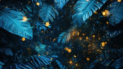 Canvas Print - Glowing jungle with blue and emerald leaves fading into misty twilight golden fireflies floating around the trees