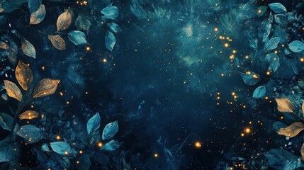 Canvas Print - Deep jungle with glowing emerald and blue leaves and golden sparks floating through the misty twilight like fireflies