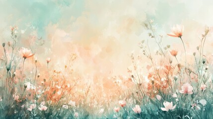 Wall Mural - Wildflower meadow with petals shimmering under a soft golden sunlight