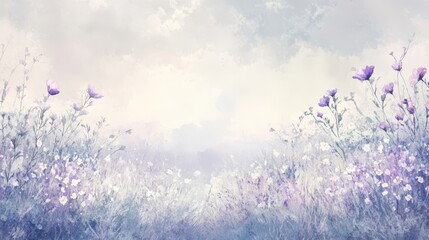Wall Mural - Quiet floral field painted in lavender cream and rose under misty sky