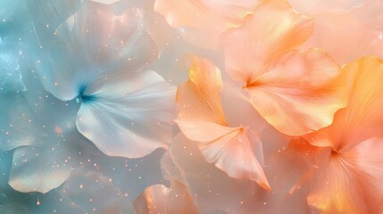 Wall Mural - Translucent petals floating gently over a misty background with soft golden accents and glowing specks