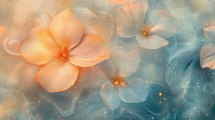 Canvas Print - Delicate silk-like translucent petals in soft hues floating over a misty textured background