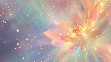 Wall Mural - Celestial floral background with glowing petals dissolving into a mist of pastel hues and golden specks