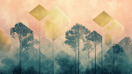 Wall Mural - Geometric tree silhouettes with golden highlights blending into a textured pastel misty background