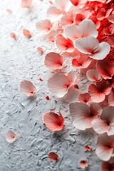 Poster - Delicate coral petals on textured white surface creating a dreamy ethereal floral backdrop for artistic projects and design inspiration