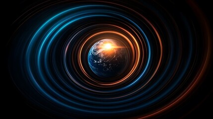 Wall Mural - The image shows a planet Earth-like celestial body at the center, surrounded by concentric rings of glowing light in shades of blue and orange.  These rings create a swirling, dynamic effect around t