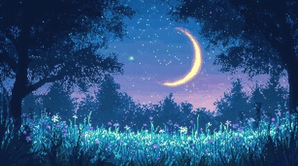 Wall Mural - Glowing pixel flowers in an enchanted glade swaying grass under moonlight