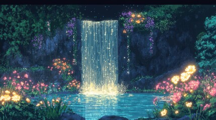 Canvas Print - Mystical pixel waterfall surrounded by glowing flowers and pixel vines