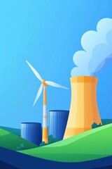 Wall Mural - power plant reshaped into a futuristic wind farm under a clear sky.