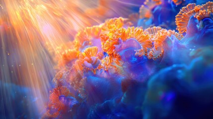 Canvas Print - Vibrant tropical reef with neon coral and soft light rays streaming from the ocean above