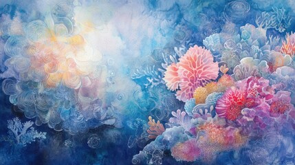 Canvas Print - Abstract oceanic backdrop with watercolor patterns of coral reefs glowing softly underwater