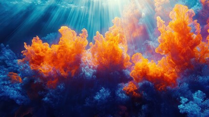 Canvas Print - Tropical reef bursting with color neon coral and soft rays of light from the ocean surface