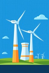 Wall Mural - power plant reshaped into a futuristic wind farm under a clear sky.