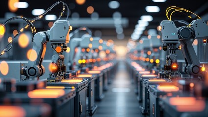 Poster - Robotic arms assembling electronic components in a modern manufacturing facility during daytime