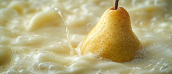 Poster - Pear Splashing into Creamy Liquid a Refreshing and Inviting Still Life Featuring Natural Light and Soft Focus for Food Photography