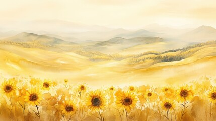 Wall Mural - Golden sunflower field with misty hills and watercolor washes blending into a glowing horizon