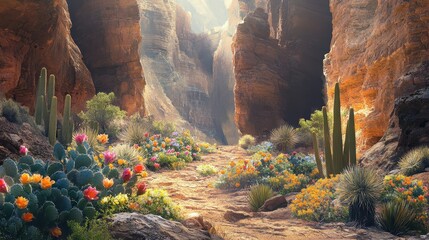 Canvas Print - Desert canyon with blooming succulents and radiant cactus flowers under golden light