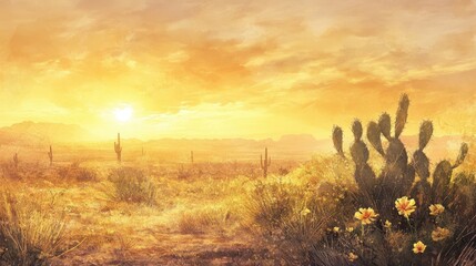 Wall Mural - Golden desert sunrise with flowering cacti swaying and misty textures creating a dreamlike quality