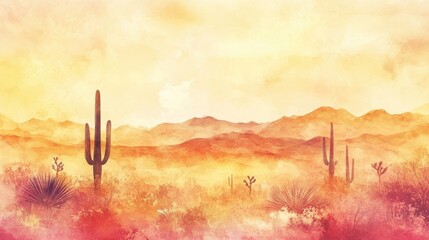 Wall Mural - Soft desert sunrise with cacti blooming and misty watercolor textures adding dreamlike quality